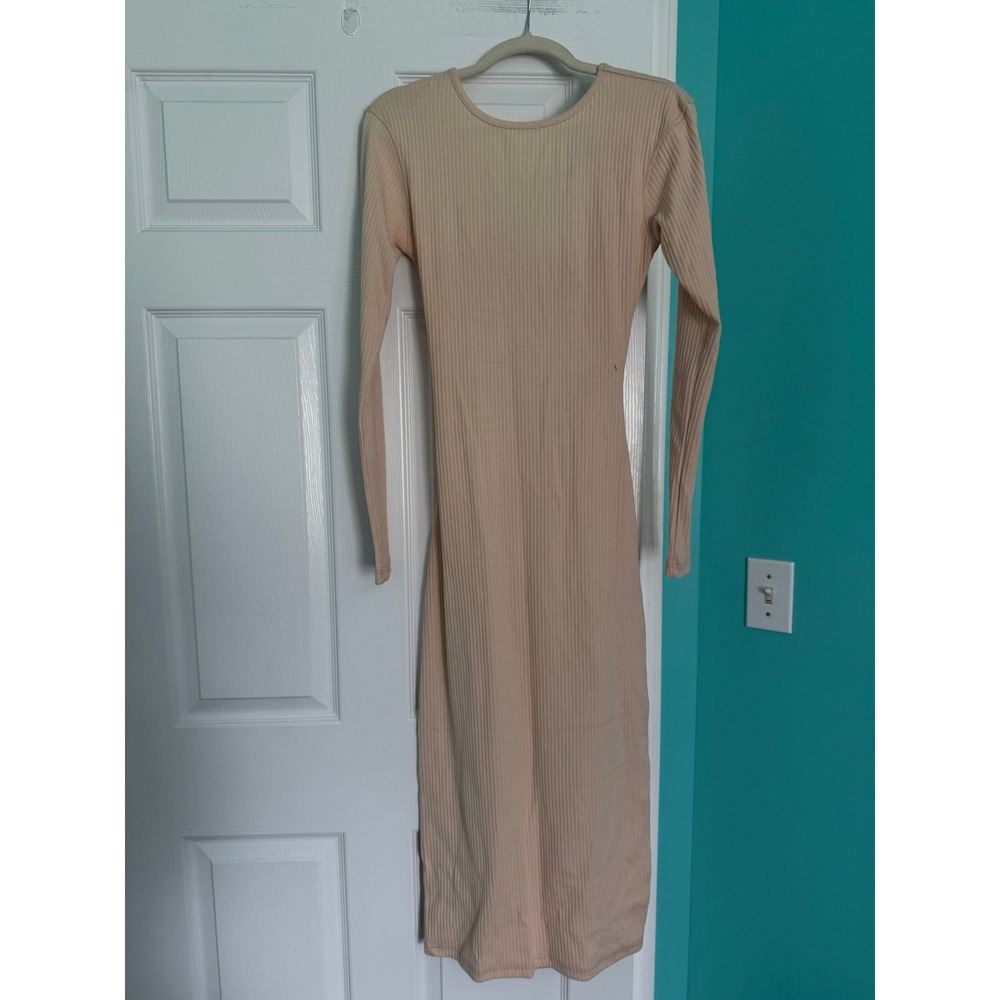 Missguided Ribbed Open Twist Back Midi Dress Stone Beige Long Sleeve US 8
